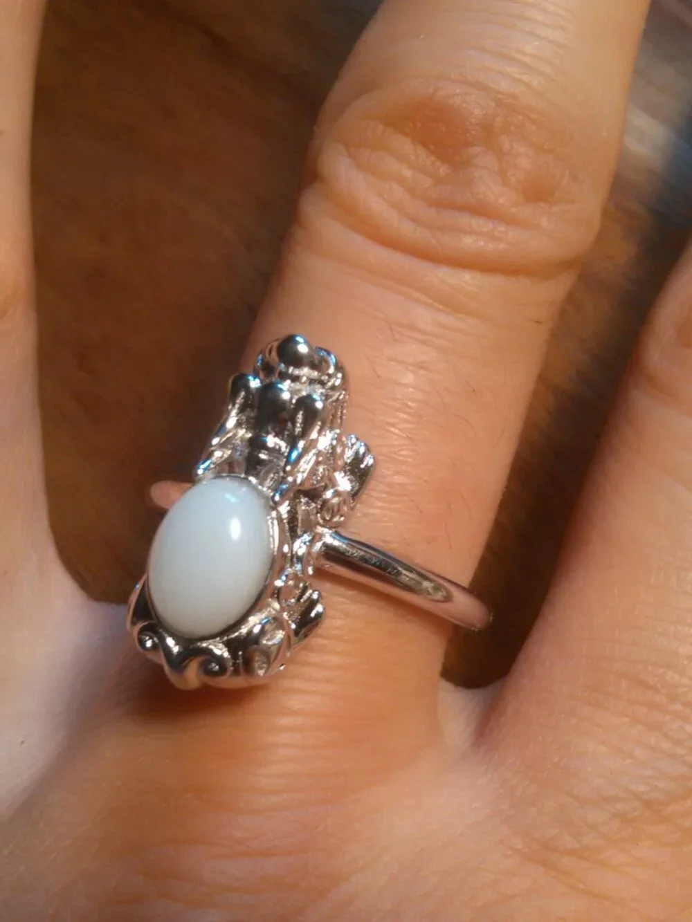 Natural White Jade Sterling Silver Dragon Ring (Size 10)